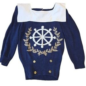Vintage Nautical Sailor Herman Geist Sweater Navy Ship Wheel Gold Anchor Buttons